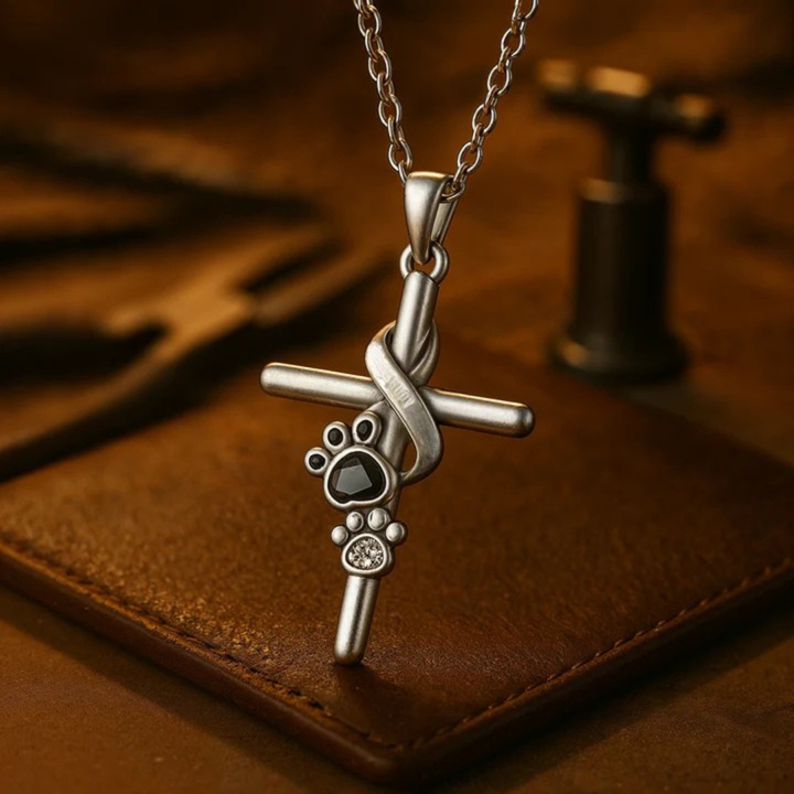 Necklace with Paw and Cross Pendant in Silver
