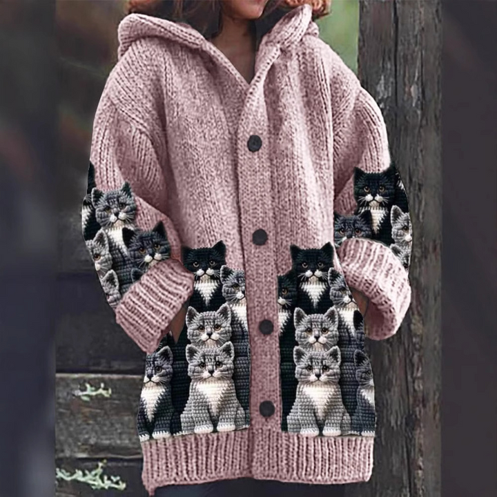 Jasmin - Cozy Knit Cat Print Cardigan