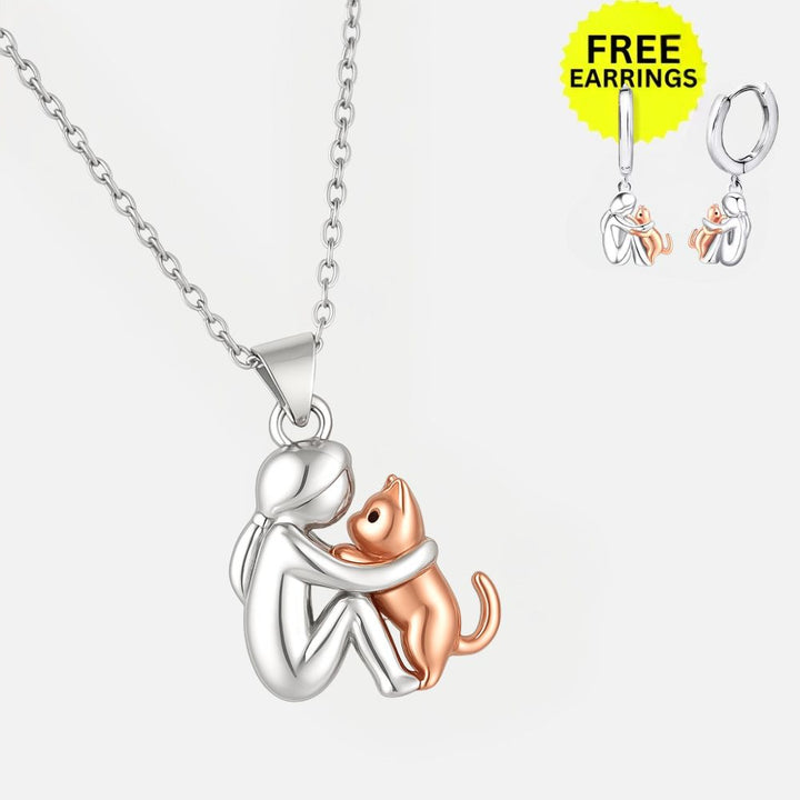 Cat Hug Pendant Necklace with Complimentary Earrings – Limited Offer