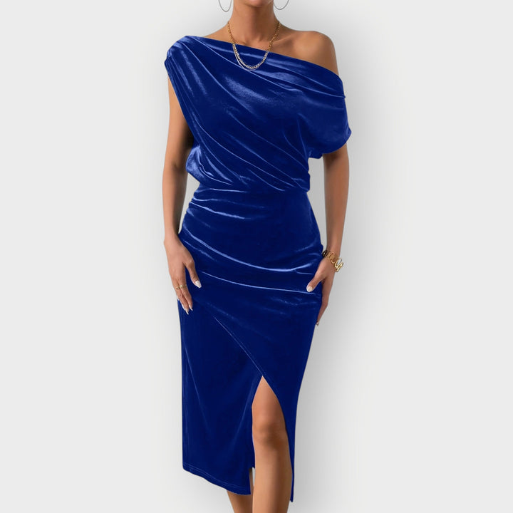 Greece – Off-Shoulder Draped Velvet Midi Dress