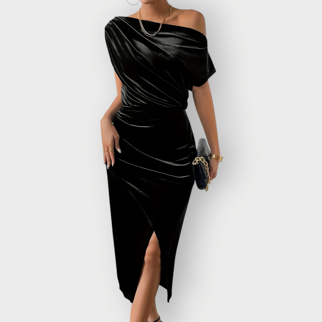 Greece – Off-Shoulder Draped Velvet Midi Dress
