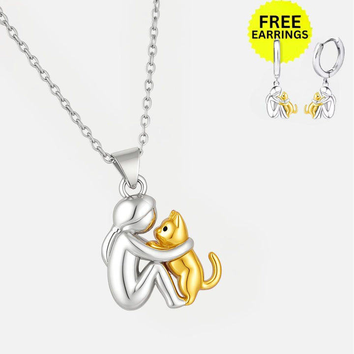 Cat Hug Pendant Necklace with Complimentary Earrings – Limited Offer