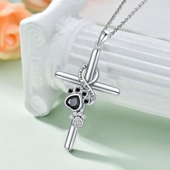 Necklace with Paw and Cross Pendant in Silver