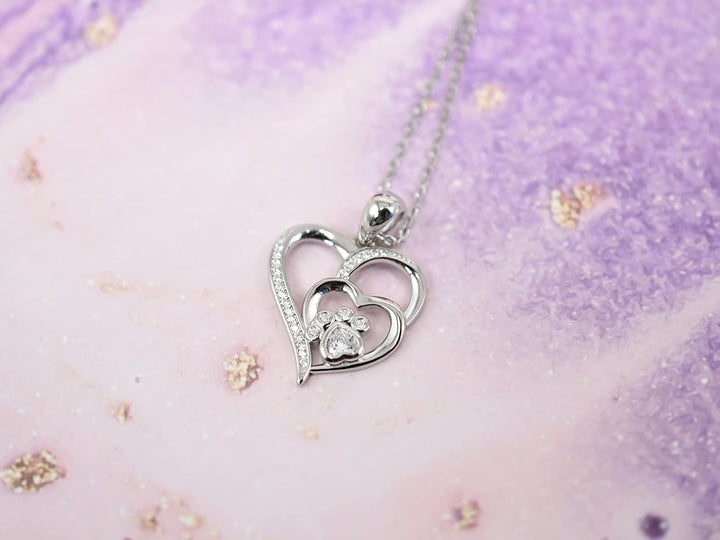 Sterling Silver Necklace with Paw and Heart with Zirconia