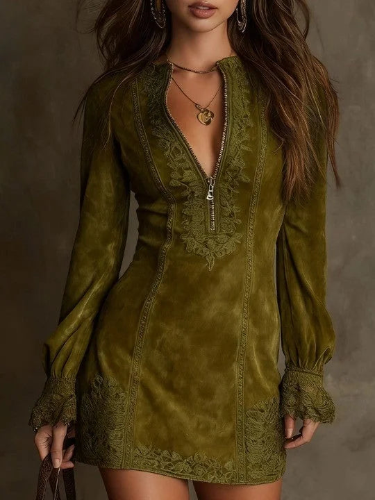 Lunori™ | Aurora Mini Suede Dress with Lace