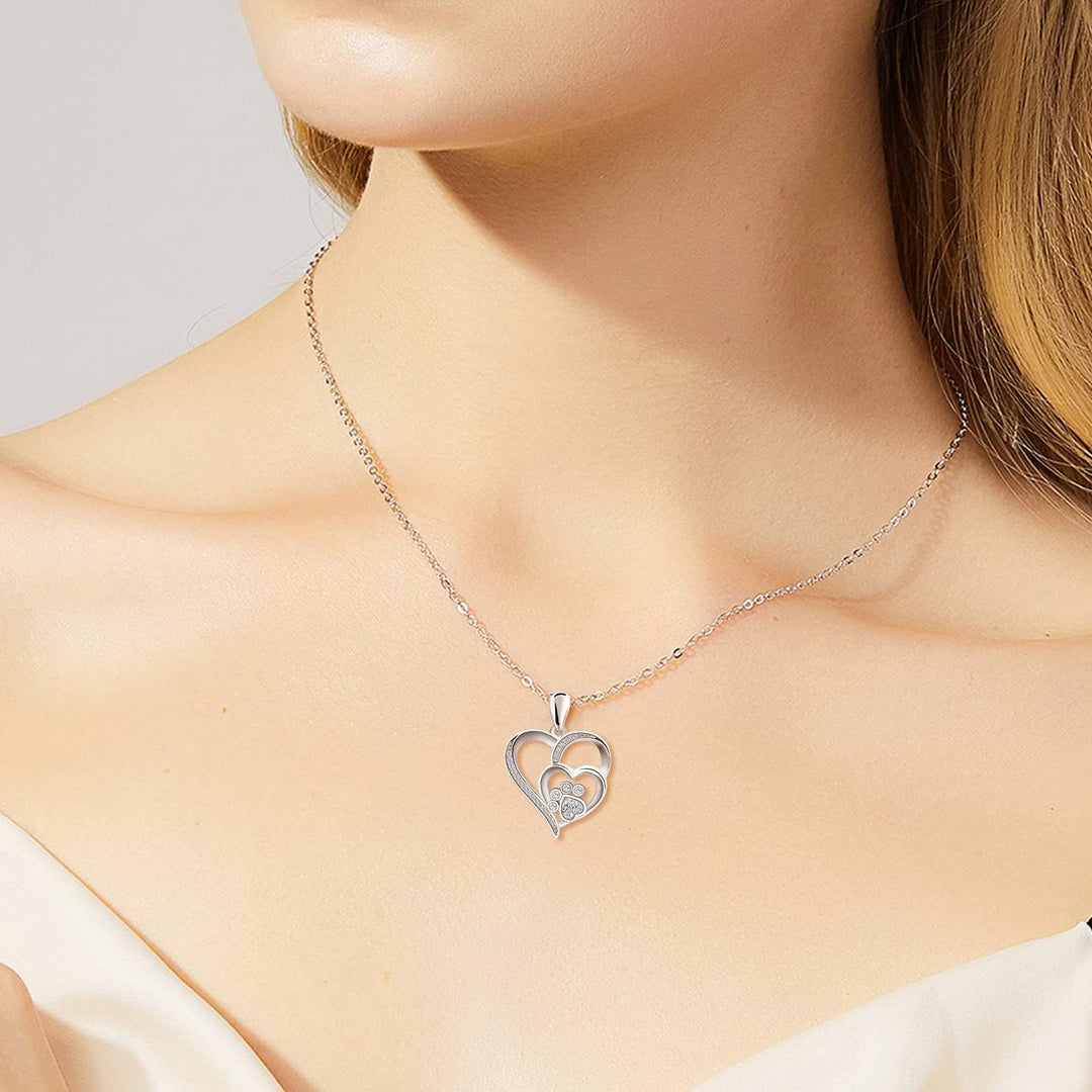 Sterling Silver Necklace with Paw and Heart with Zirconia