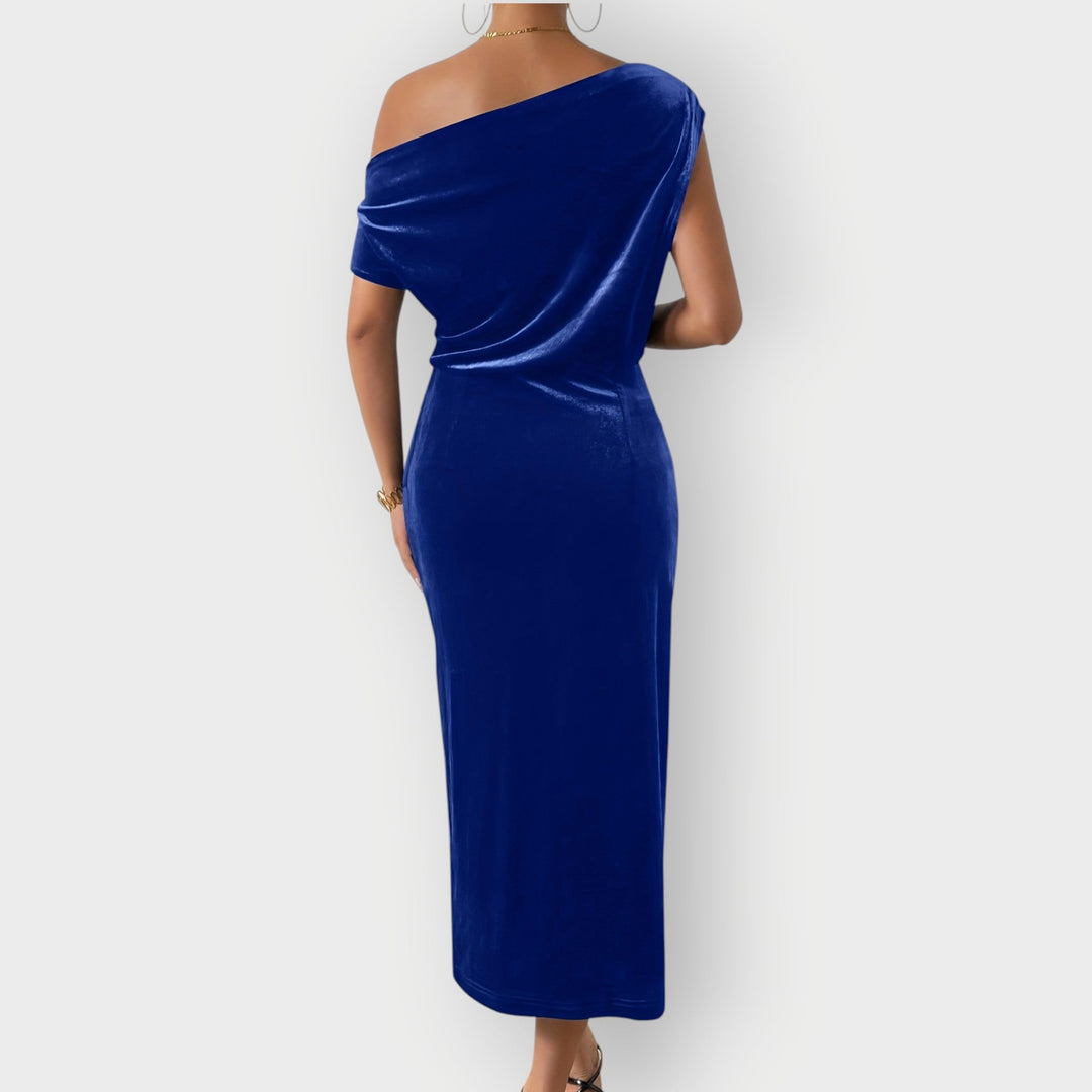 Greece – Off-Shoulder Draped Velvet Midi Dress