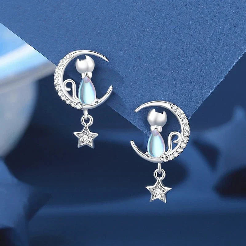 Cat earrings with moon and star in 925 sterling silver with zirconia