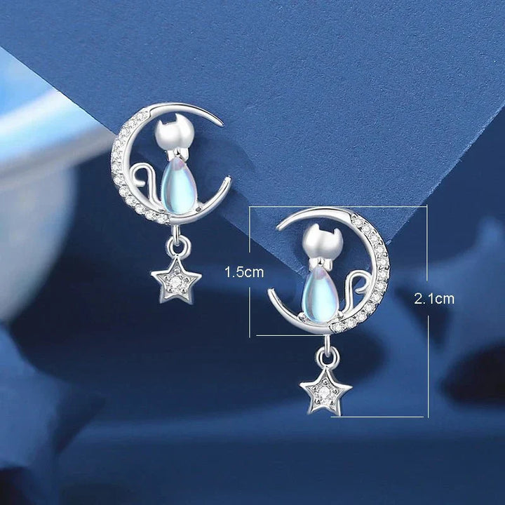 Cat earrings with moon and star in 925 sterling silver with zirconia