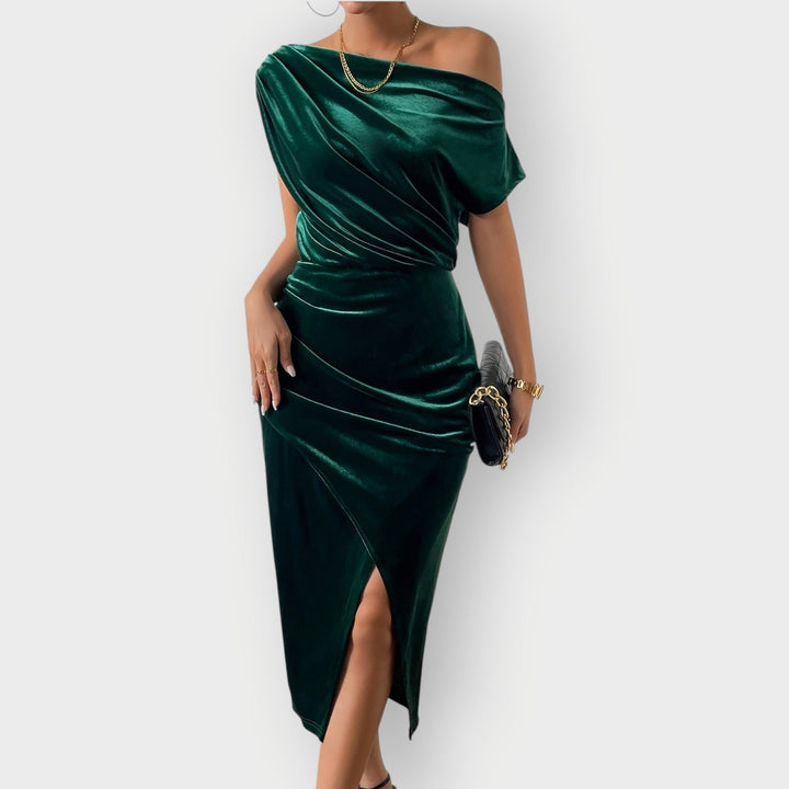 Greece – Off-Shoulder Draped Velvet Midi Dress