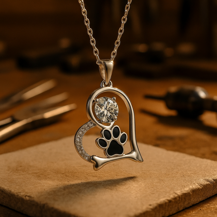 Handcrafted necklace with dog paw print and bone with zirconia
