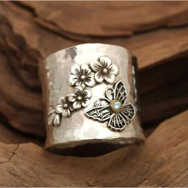 Wide band ring with bee flower and butterfly