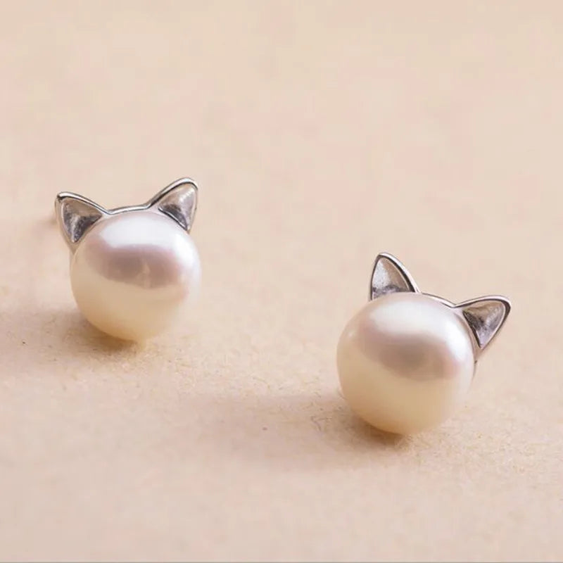 Sterling Silver Cat-Shaped Pearl Stud Earrings