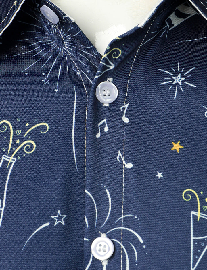 Men's Fireworks Holiday New Year Party Button-Up Blue Long Sleeve Shirt