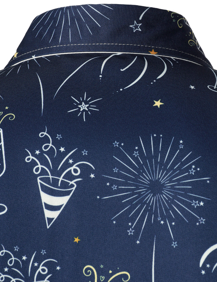 Men's Fireworks Holiday New Year Party Button-Up Blue Long Sleeve Shirt