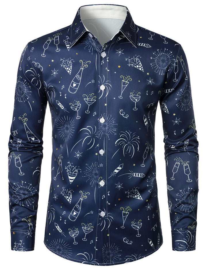 Men's Fireworks Holiday New Year Party Button-Up Blue Long Sleeve Shirt