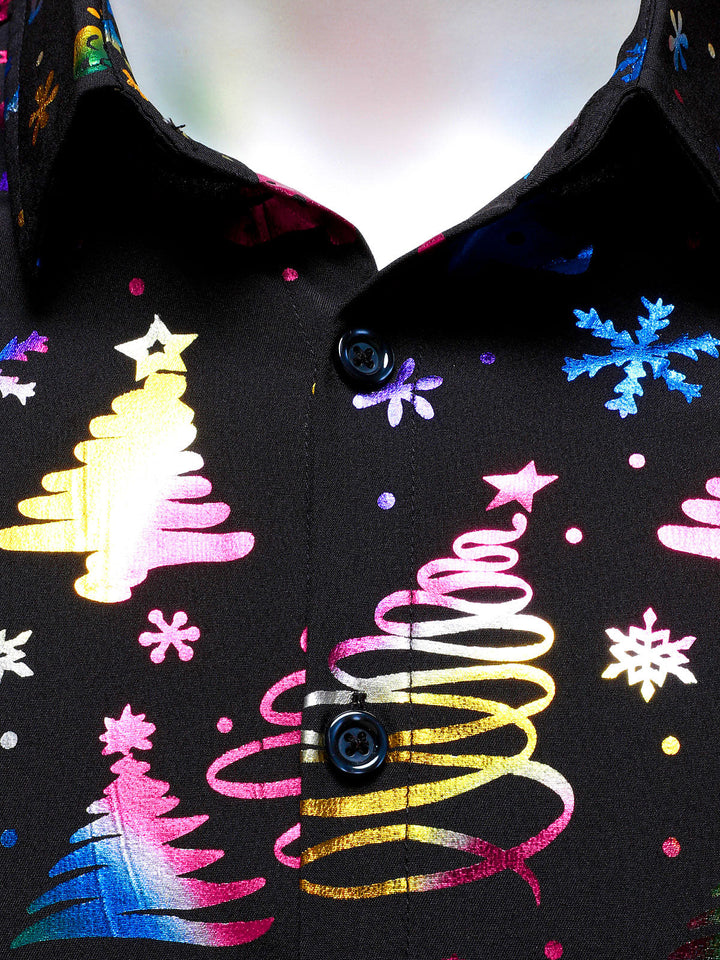 Men's Gold Christmas Print Regular Fit Black Long Sleeve Shirt