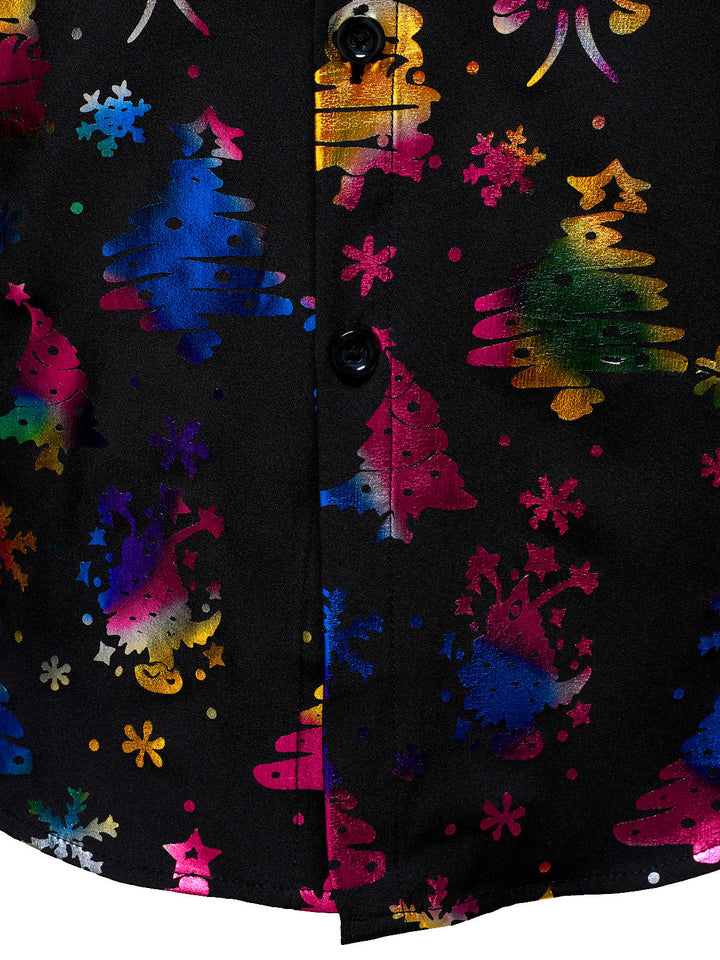 Men's Gold Christmas Print Regular Fit Black Long Sleeve Shirt