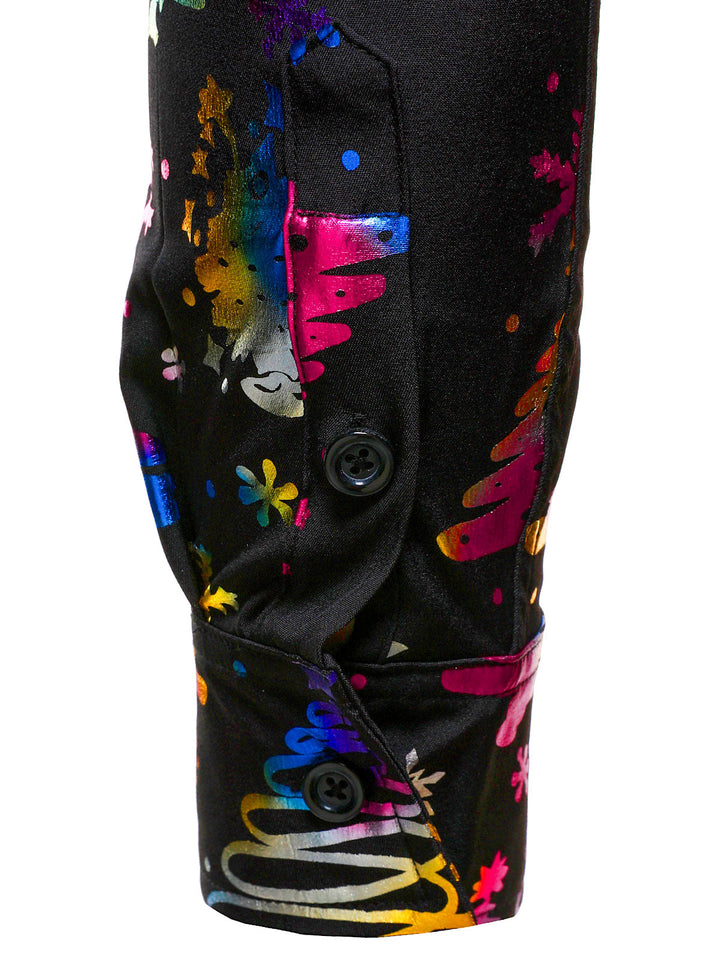 Men's Gold Christmas Print Regular Fit Black Long Sleeve Shirt