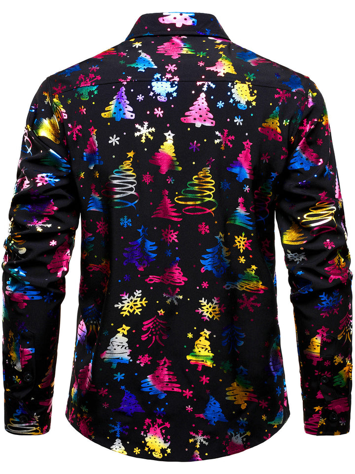 Men's Gold Christmas Print Regular Fit Black Long Sleeve Shirt