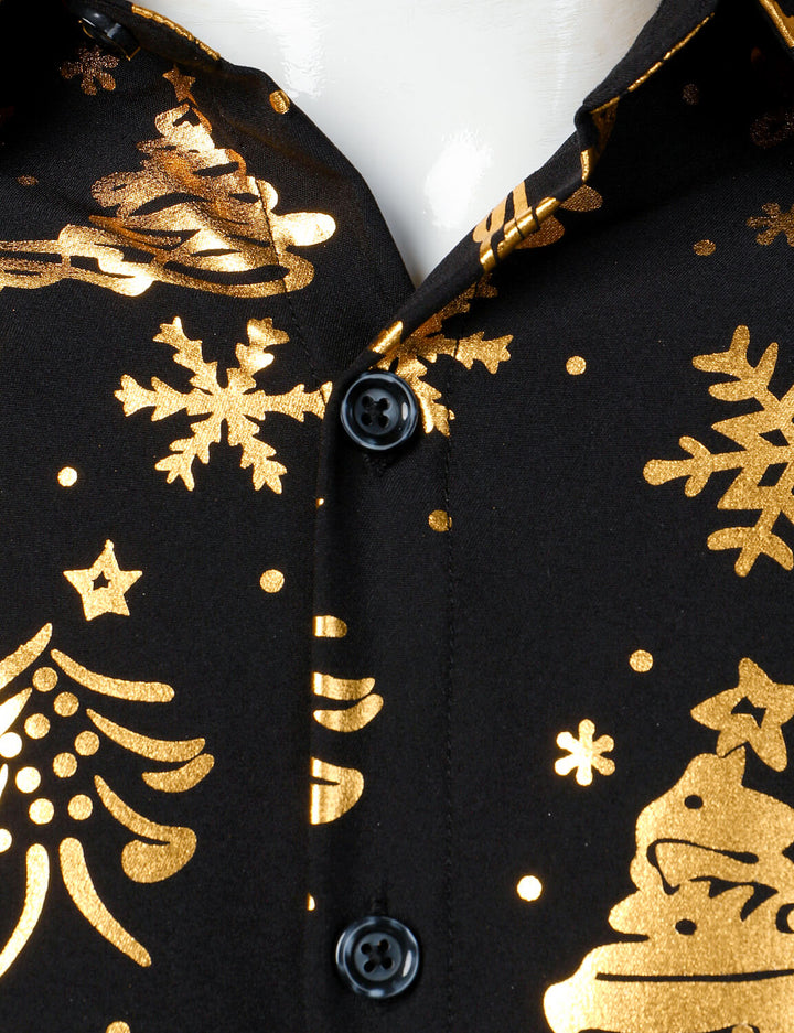 Men's Gold Christmas Print Black Long Sleeve Shirt
