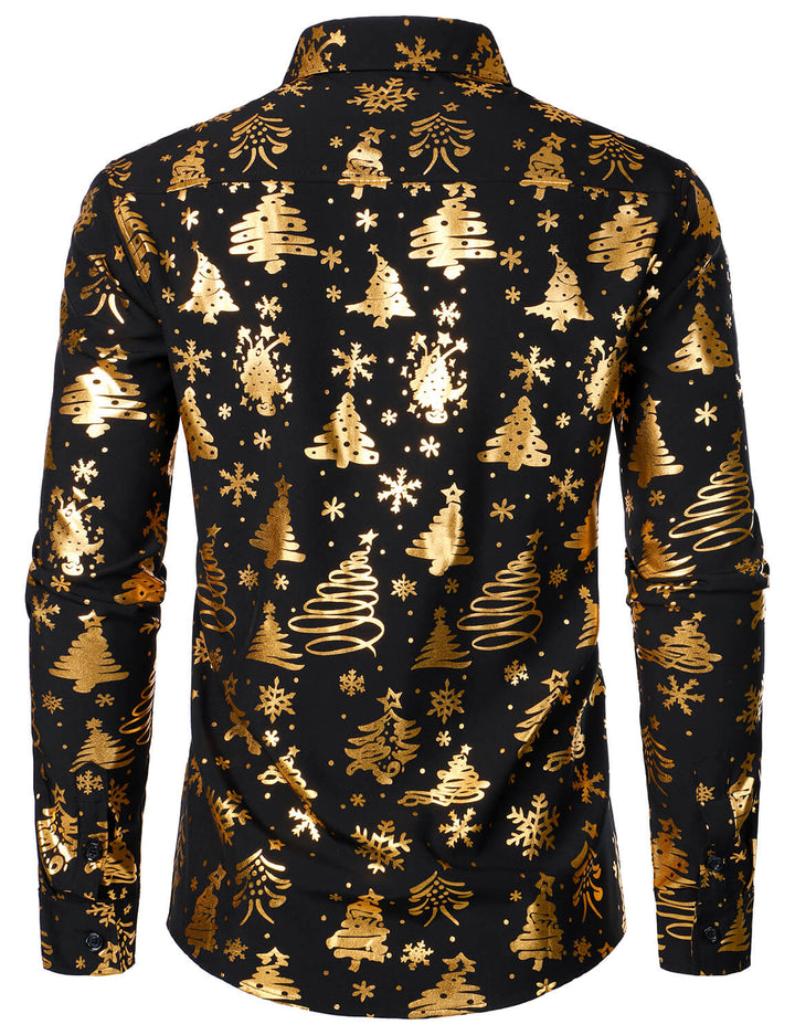 Men's Gold Christmas Print Black Long Sleeve Shirt