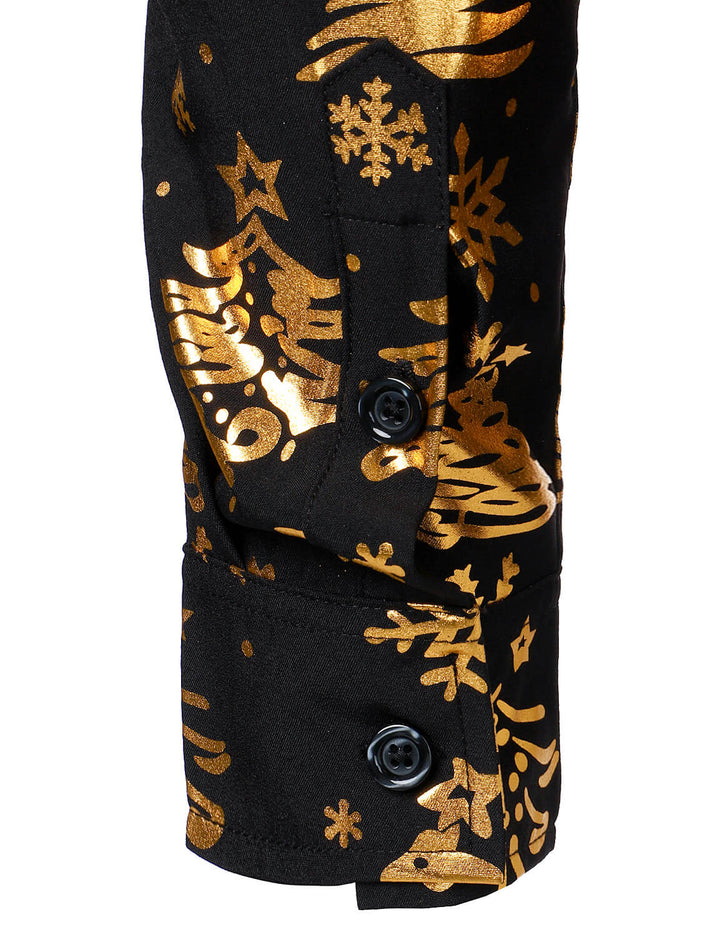 Men's Gold Christmas Print Black Long Sleeve Shirt