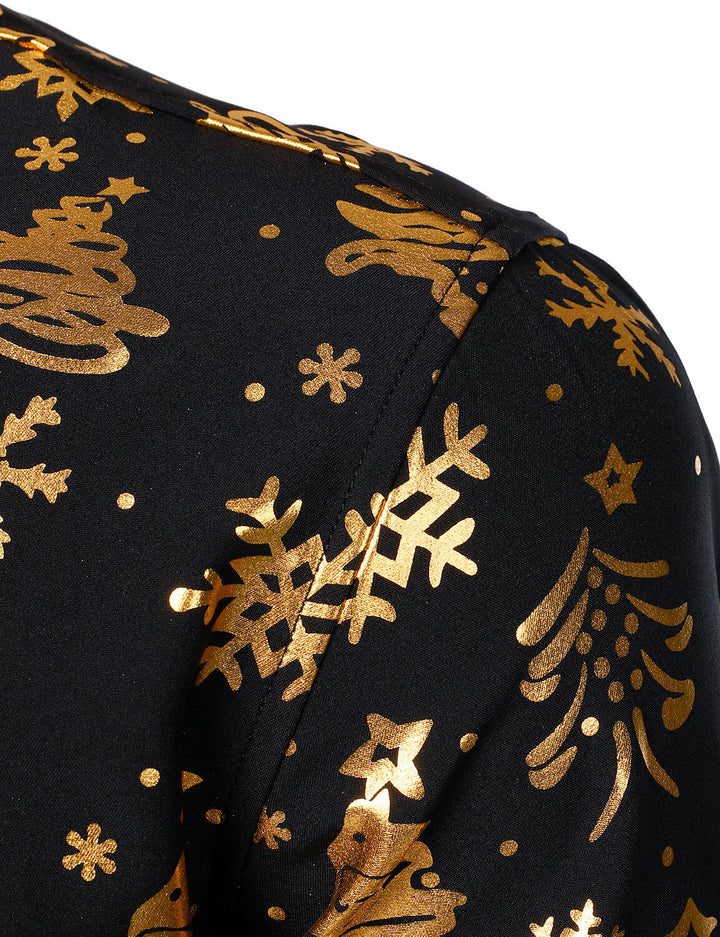 Men's Gold Christmas Print Black Long Sleeve Shirt