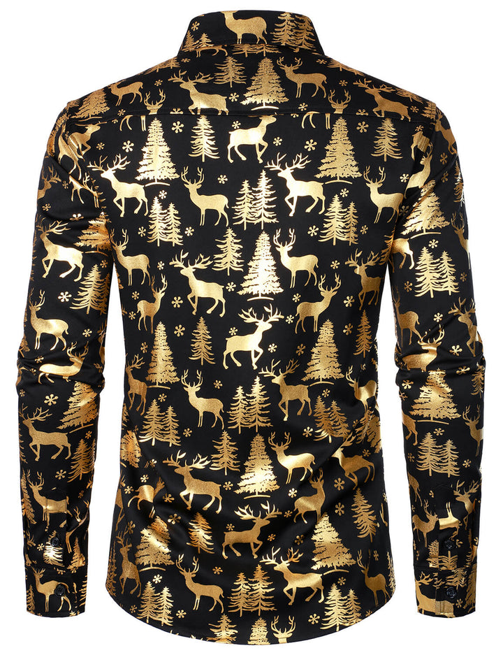 Men's Gold Christmas Reindeer Festive Print Long Sleeve Shirt