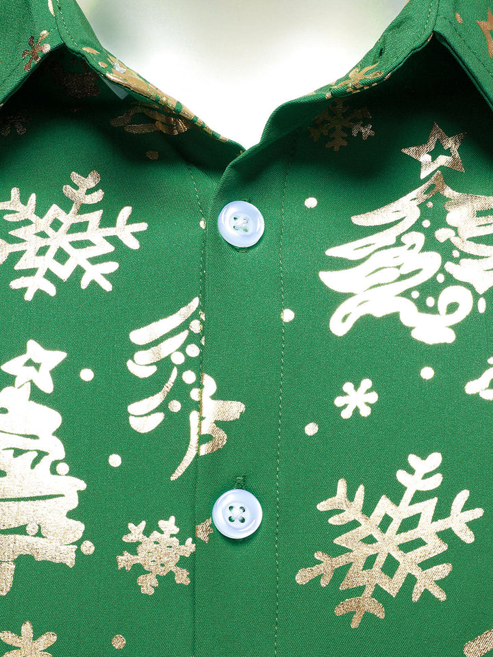 Men's Gold Christmas Print Regular Fit Green Long-Sleeve Shirt