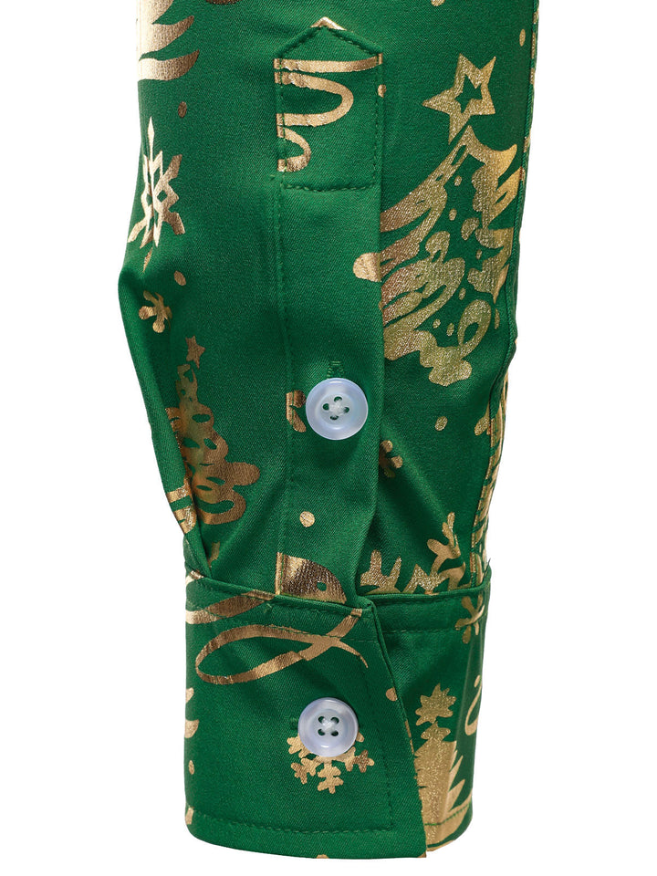 Men's Gold Christmas Print Regular Fit Green Long-Sleeve Shirt