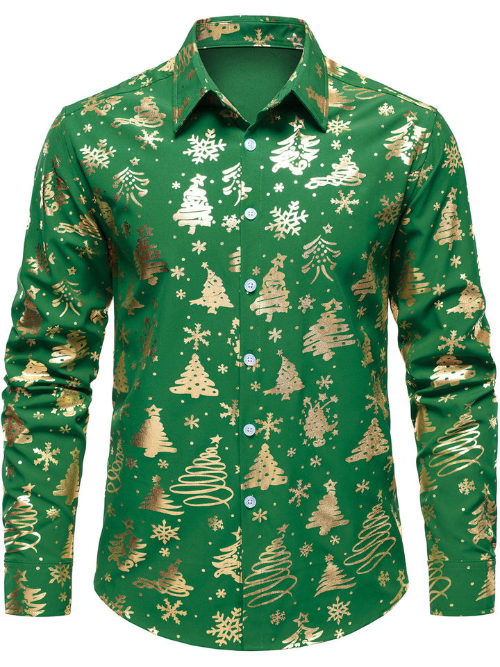 Men's Gold Christmas Print Regular Fit Green Long-Sleeve Shirt
