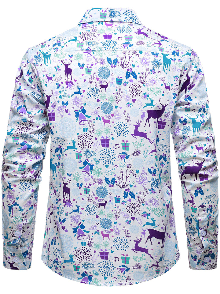 Men's Christmas Reindeer Festive Print Xmas Holiday White Long Sleeve Shirt