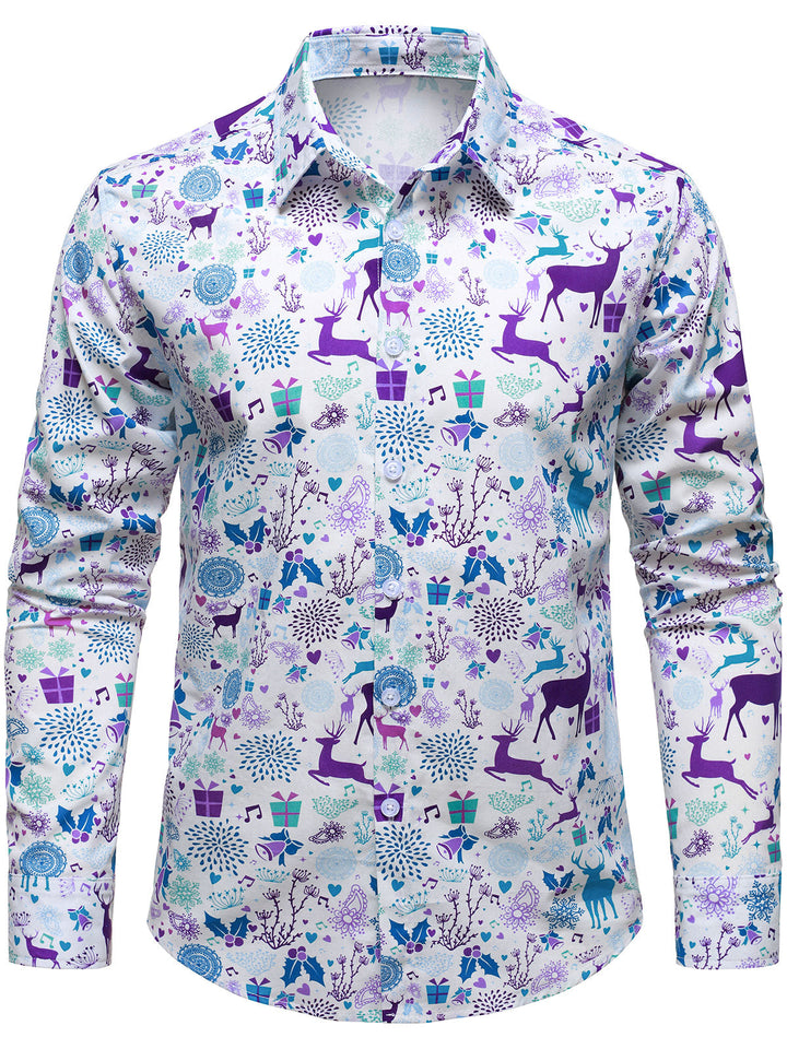 Men's Christmas Reindeer Festive Print Xmas Holiday White Long Sleeve Shirt