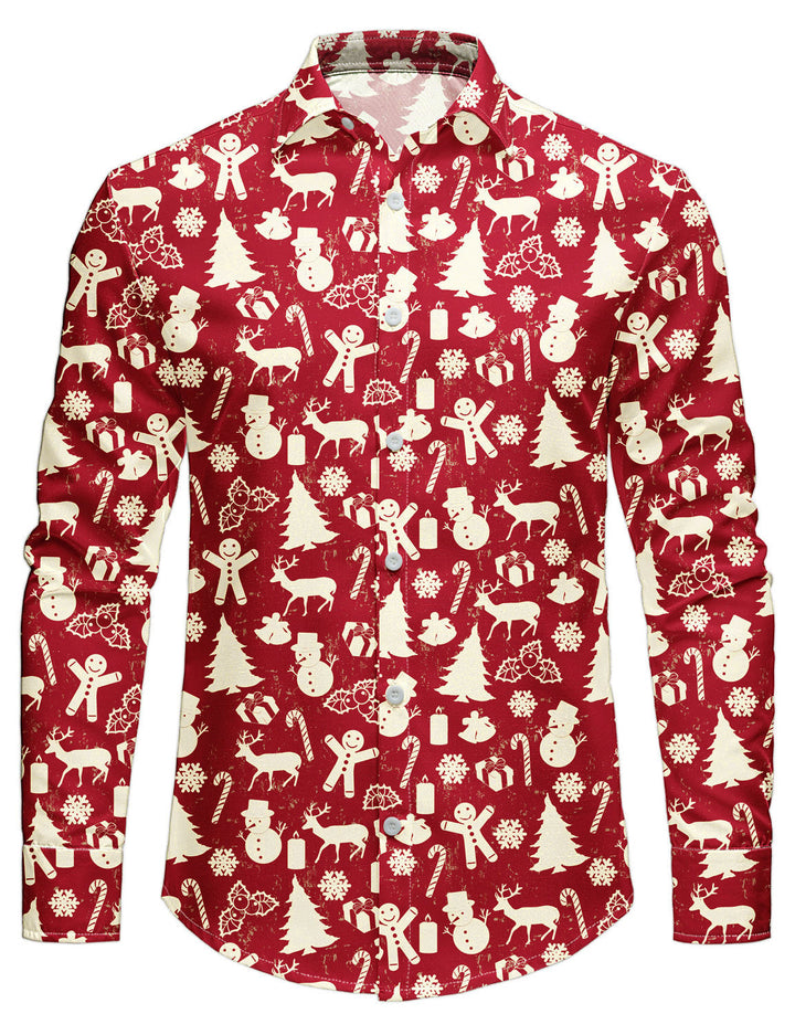 Men's Christmas Reindeer Red Festive Print Long Sleeve Shirt