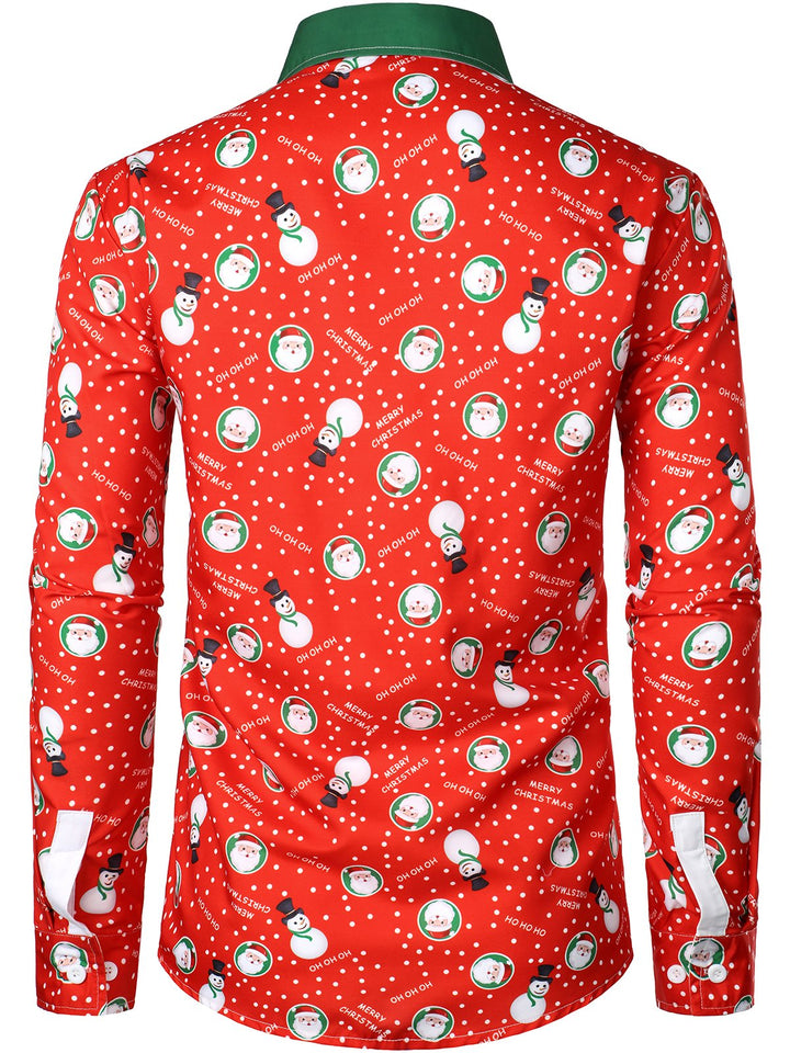 Men's Christmas Snowman Santa Print Funny Outfit Holiday Themed Long Sleeve Shirt
