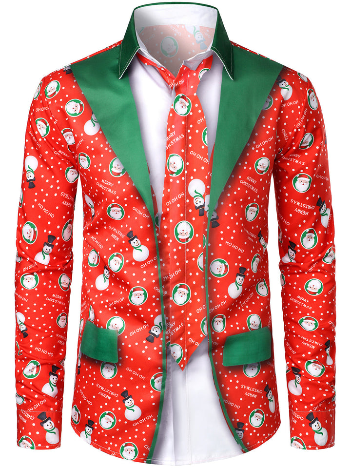 Men's Christmas Snowman Santa Print Funny Outfit Holiday Themed Long Sleeve Shirt