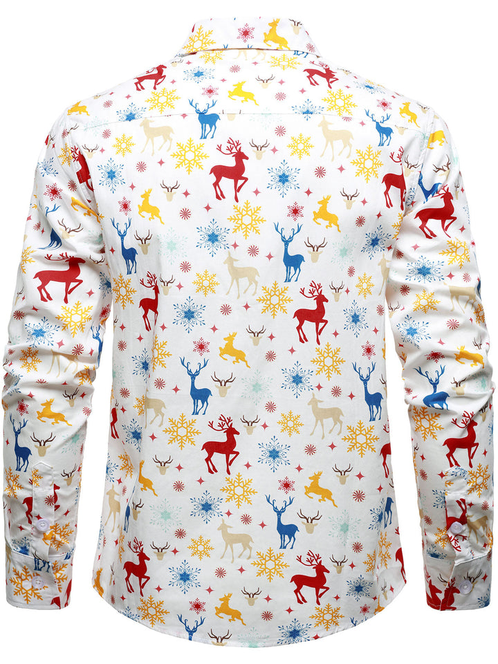 Men's Christmas Theme Festive Reindeer Snowflake White Long Sleeve Shirt