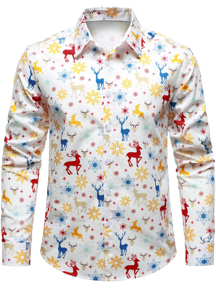 Men's Christmas Theme Festive Reindeer Snowflake White Long Sleeve Shirt