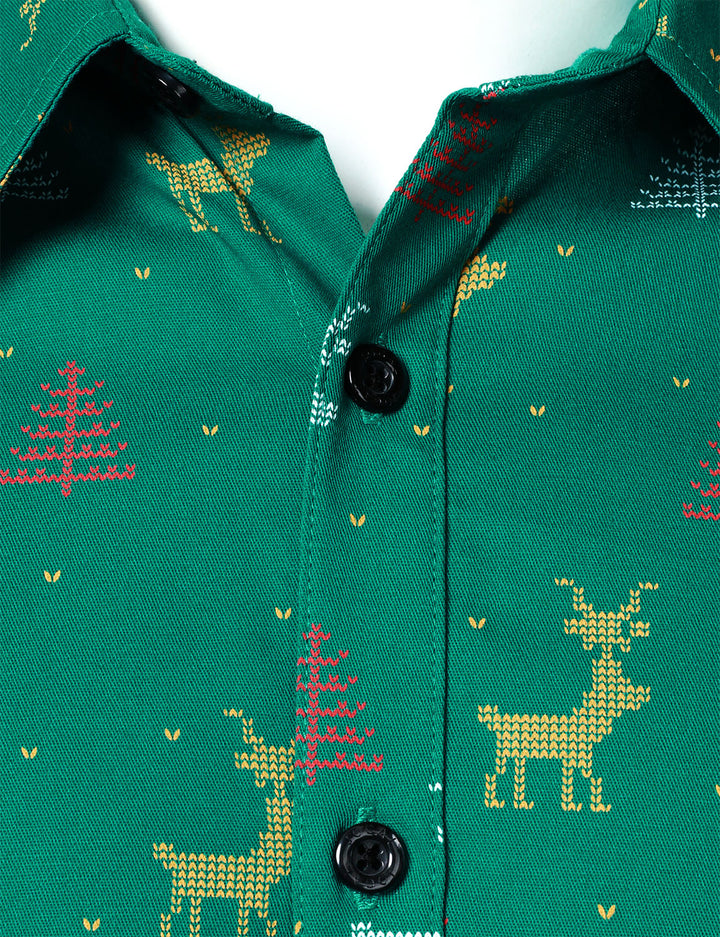 Men's Christmas Tree Moose Print Breathable Green Long Sleeve Shirt