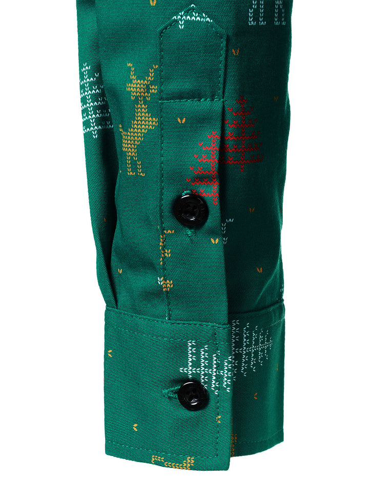Men's Christmas Tree Moose Print Breathable Green Long Sleeve Shirt