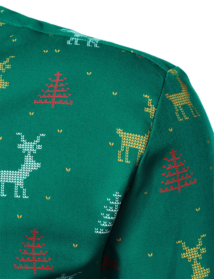 Men's Christmas Tree Moose Print Breathable Green Long Sleeve Shirt