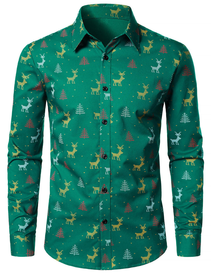 Men's Christmas Tree Moose Print Breathable Green Long Sleeve Shirt
