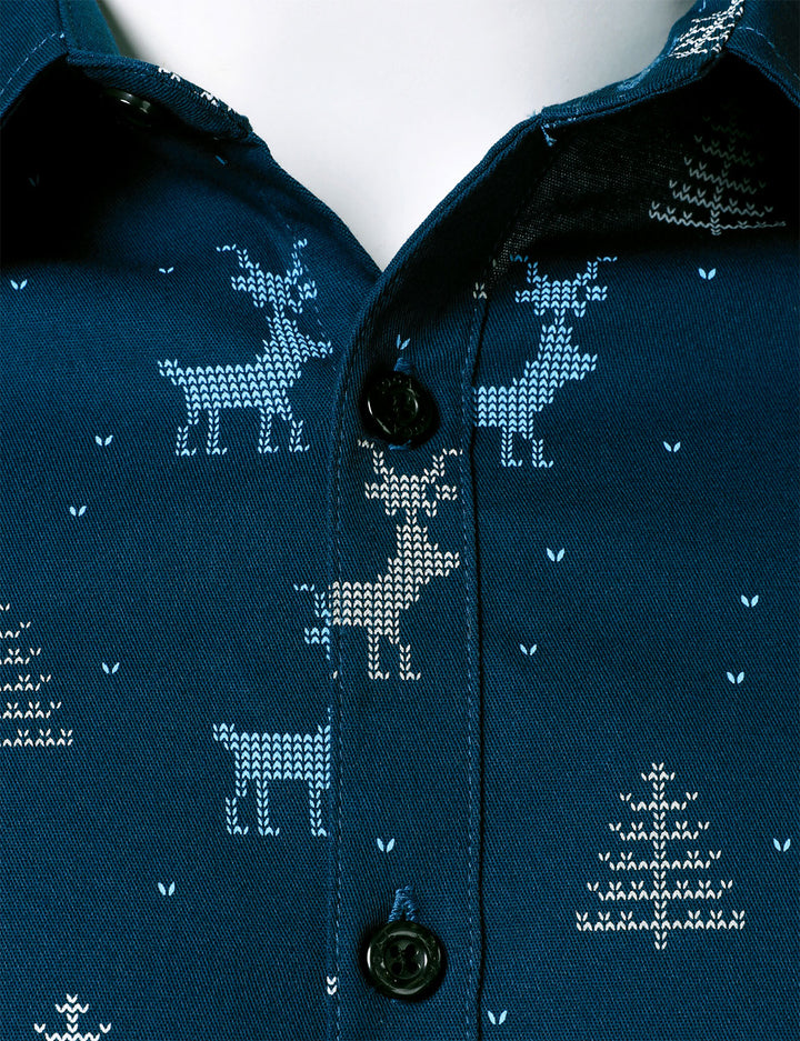 Men's Christmas Tree Moose Print Breathable Navy Blue Long Sleeve Shirt