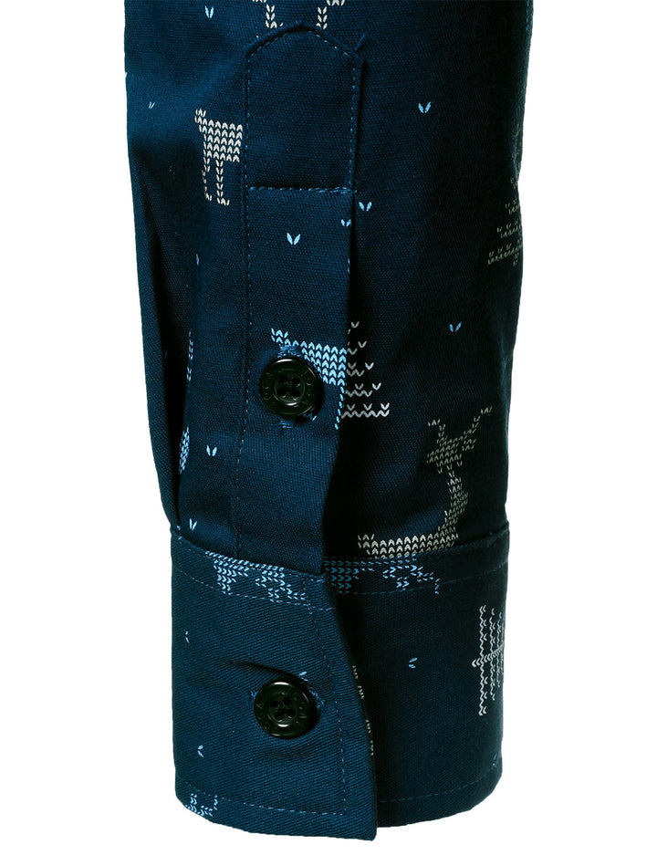 Men's Christmas Tree Moose Print Breathable Navy Blue Long Sleeve Shirt