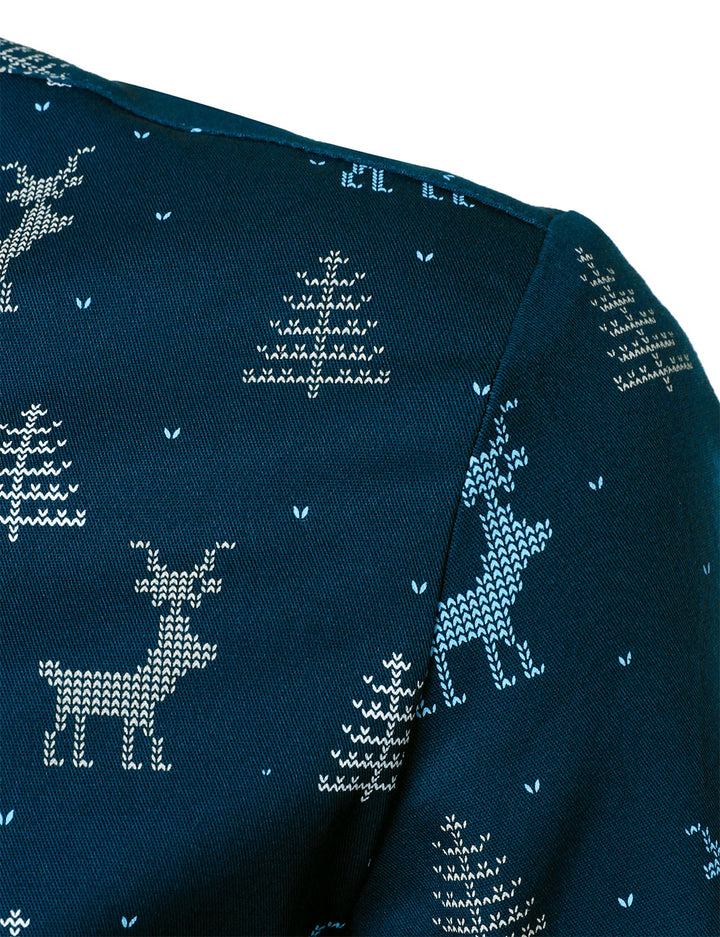 Men's Christmas Tree Moose Print Breathable Navy Blue Long Sleeve Shirt