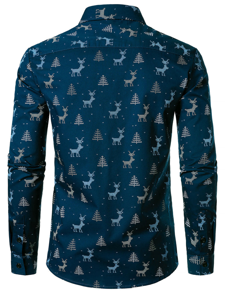Men's Christmas Tree Moose Print Breathable Navy Blue Long Sleeve Shirt