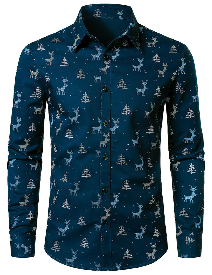 Men's Christmas Tree Moose Print Breathable Navy Blue Long Sleeve Shirt