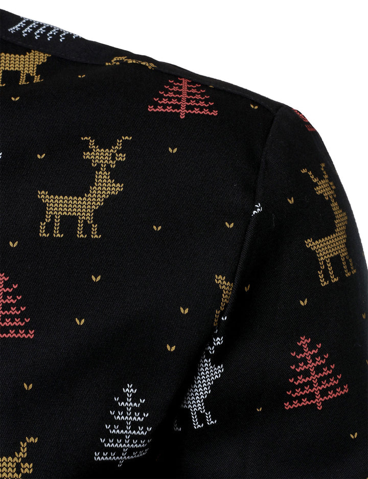 Men's Christmas Tree Moose Print Breathable Black Long Sleeve Shirt