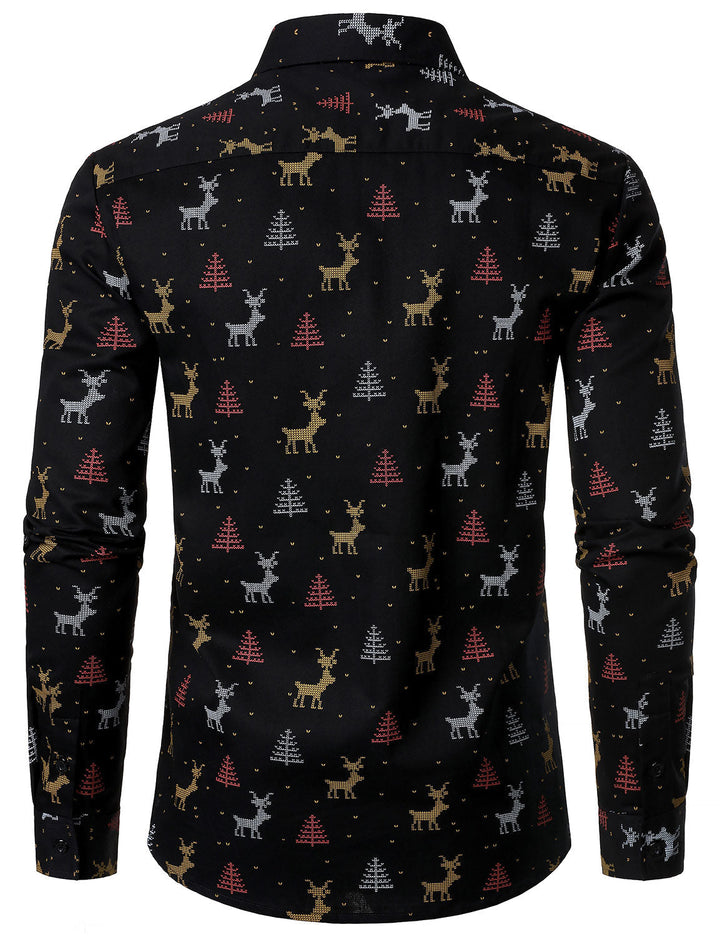 Men's Christmas Tree Moose Print Breathable Black Long Sleeve Shirt
